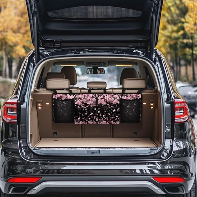 Cherry Blossom Car Trunk Organizer, Oxford Backseat Storage Bag with 4 Pockets, Adjustable Large Capacity Hanging Collapsible Bag for Most Vehicles, Universal Car Accessories