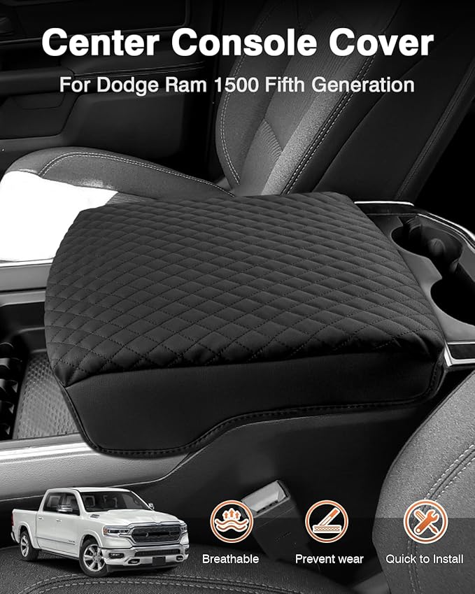 Shademax Center Console Cover for Dodge Ram 1500 2026 2025-2019, Armrest Cushion Pad Cover for 5th Ram 1500 2500 3500 Accessories Arm Rest Cushion Leather Bucket Seat Console Protector Anti-Scratch