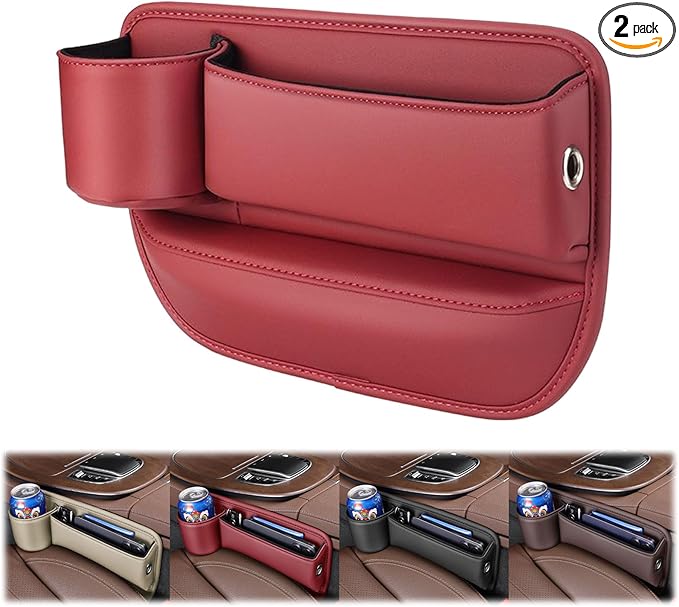 Peticehi Car Leather Cup Holder Gap Bag, No Logo Leather Car Seat Storage Box with Water Cup Holder, Car Seat Gap Filler Organizer (for Driver's seat,Red)