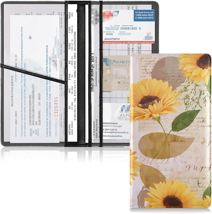 xigua Sunflower Car Registration and Insurance Holder,Leather Registration and Insurance Card Holder Vehicle Glove Box Organizer for Documents, Driver License and Cards122