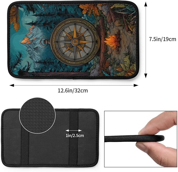 Nature Mountain Compass Center Console Cover Pad, Car Armrest Seat Box Cover Cushion Universal for Most Vehicle SUV Truck, Car Interior Accessories Decor, Protect from Pet Claws & Dirt