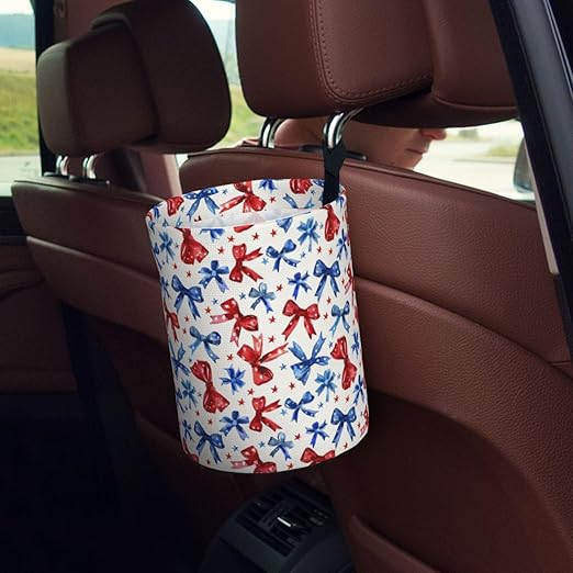 Patriotic Bow Car Trash Can Leak-Proof Waterproof Hanging Trash Bin Collapsible Garbage Can for Car Accessories Travelling Camping