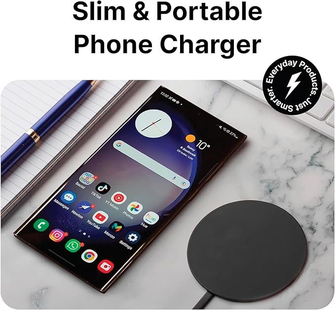 IJS Ultra Slim Universal Fast Wireless Charger - Phone Charger Compatible with All Smart Phones - Smart Round Fast Charging Pad for Multiple Devices (Black)