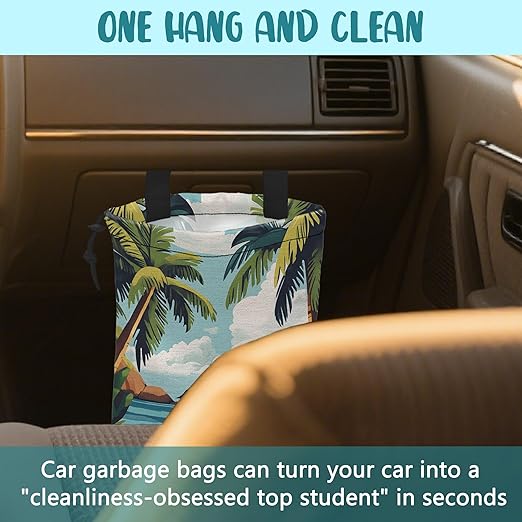 KXWQTRDD Car Garbage Bag Tropical Beach Palm Trees Drawstring Car Trash Bag Hanging for Back Seat with Adjustable Buckle Canvas Vehicle Trash Can Easy-to-Install