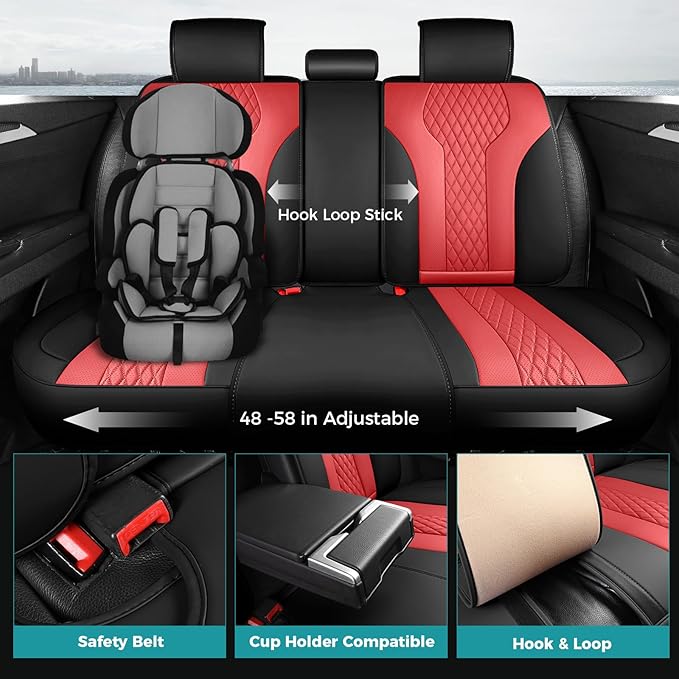 FEINEPRO Leather Car Seat Covers Full Set, Breathable Faux Leather Seat Covers for Cars SUV Sedan Waterproof BlackRed