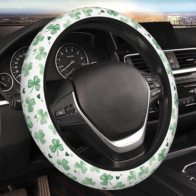 Cute Watercolor Shamrocks Steering Wheel Cover for Women Men Girls, Accessories Decor Thickened Anti-Slip Auto Steering Wheel Covers Protector Universal Fit 15 Inch for Cars, Truck, SUV