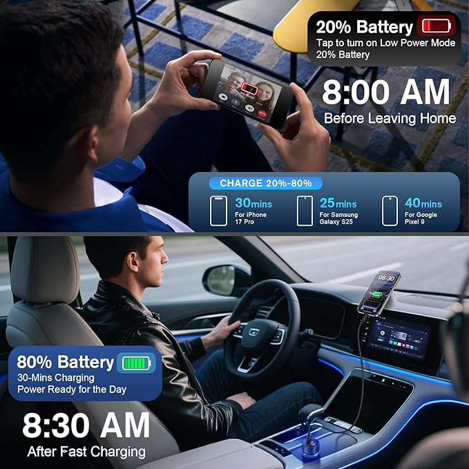 2-Pack Car Charger,93W 3 Ports Fast Charging Dual USB-C + USB-A Cigarette Lighter Adapter, PD & QC 3.0 Car Charger USB C Plug Compatibilie with iPhone 17 Pro/16/15/14,Samsung Galaxy S25/S24,Pixel