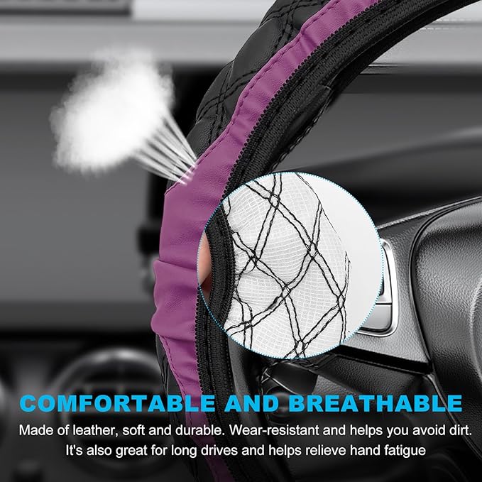 Car Steering Wheel Cover, 15 Inches Non-Slip Leather Car Steering Wheel Protector, Universal Steering Wheel Soft Cover Mats for Car Truck SUV, Interior Car Accessories (Purple)