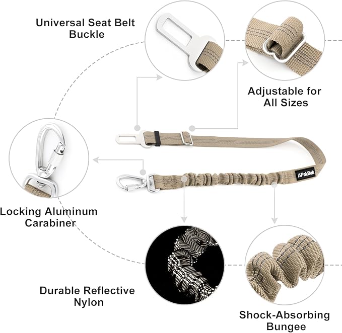 APakBak Dog Seat Belt for Car, Adjustable Dog Car Harness Seatbelt for Small Medium Large Dogs, Heavy Duty Travel Safety Restraint with Locking Aluminum Hook & Reflective Nylon Strap, Beige