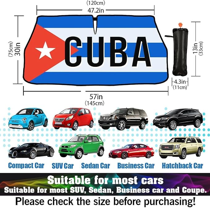 DOPINDU Cuba Flag Cuban Car Windshield Sun Shade Umbrella Bendable Handle Foldable Funny Cuban Flag Sunshade for Car Windshield Block UV Rays Keep Vehicle Cool for Sedans SUV Trucks Cars 57"x30"