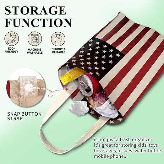 Car Trash Can, Cute Car Trash Bag, Hanging Car Organizer and Storage Bag, Trash Bin for Car Accessories, Vehicle, Travelling, Camping Retro American Flag