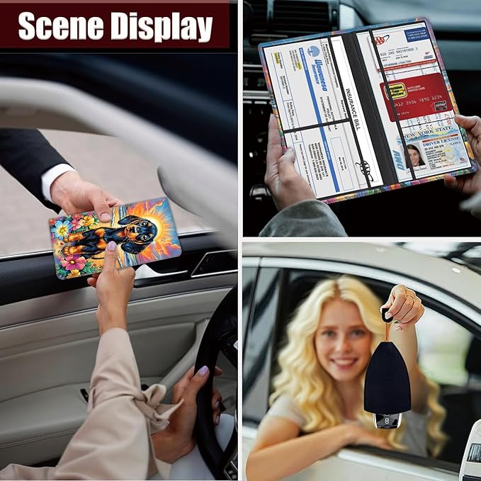 Yuxcfhjfe Car Registration Holder, PU Leather Vehicle Glove Box Organizer for Driver License, Document, Car Insurance Holder with Magnetic Shut, Auto Paperwork Wallet Case Accessories, Dachshund Dog