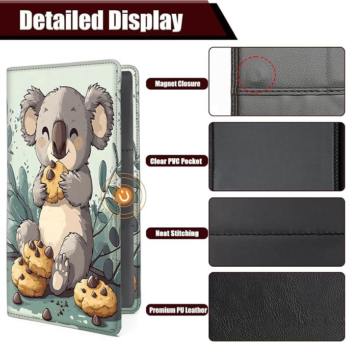 Car Registration Holder, PU Leather Vehicle Glove Box Organizer for Driver License, Document, Car Insurance Holder with Magnetic Shut, Auto Paperwork Wallet Accessories, Cute Koala Eating Biscuits