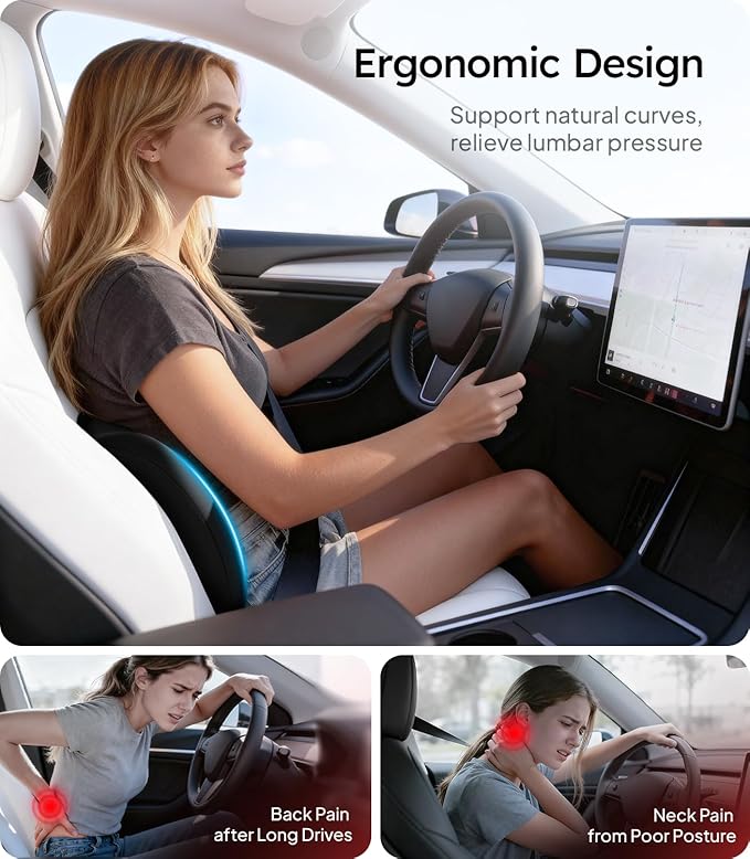 Wigoo 2026 Lumbar Support Pillow for Car [Ergonomic Design, Pressure Relief] Back Cushion for Driving Seat, Back Support Pillow for Car-Office Chair, Fits All Vehicles (Black 1-Pack)