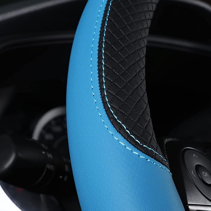 Auto Car Genuine Leather Steering Wheel Cover Anti Slip Wrap 15" (Blue)
