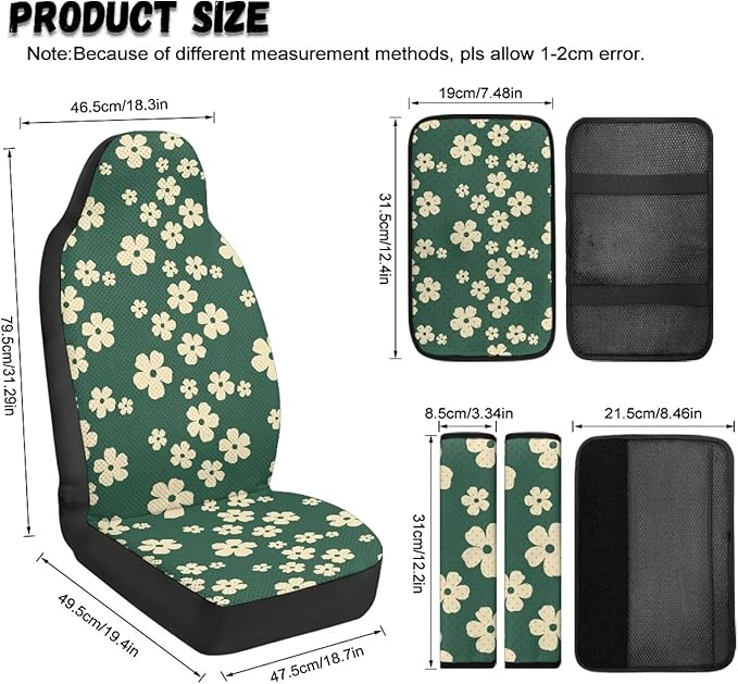 FUSURIRE 5Pcs Car Accessories Set Green Daisy Print PU Front Seat Covers, Seat Belt Covers & Center Armrest Pad Universal FIT for Car, SUVs,Van,Small Trucks