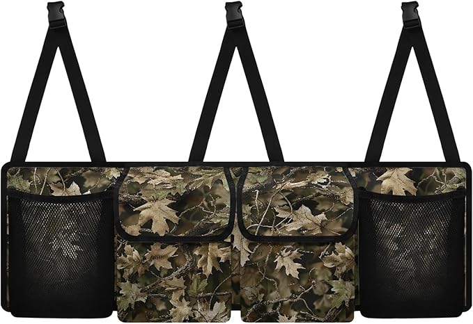 CLOHOMIN Camo Hunting Trunk Organizer for Car Women Men Wood Trunk Hanging Organizer Backseat Bag Collapsible Auto Storage Accessories Interior with 2 Pockets 2 Mesh Pouches
