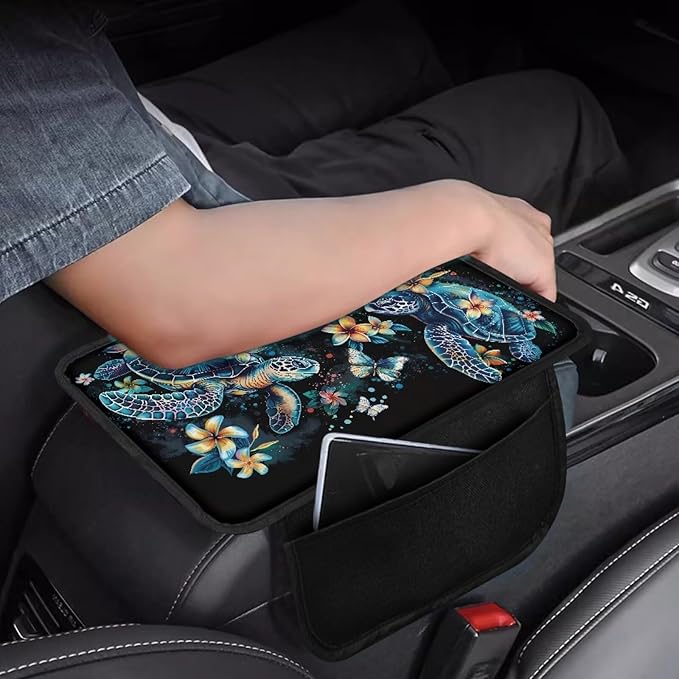 Dreaweet Sea Turtle Car Accessories Center Console Cover Black Car Arm Rest Cover,Car Armrest Box Pad with Pockets,Soft Comfy Arm Rest Cushion Pads for SUV Truck Sedan Vehicle