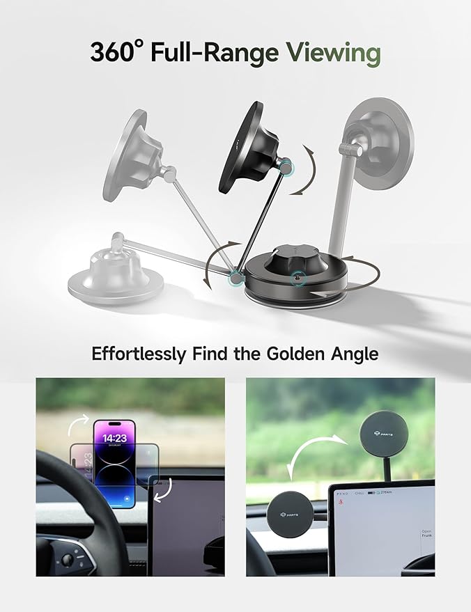 TPARTS Vacuum Suction Magnetic Phone Holder for Tesla Model Y/3/X/S, Upgraded Suction Cup Car Mount with 360°Rotation and Retractable Phone Holder