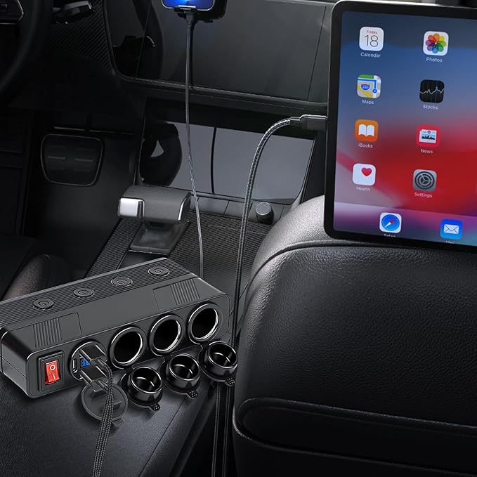 7 in 1 Cigarette Lighter Socket Splitter, 3 Socket Car Charger Adapter with 4 Ports PD66W/QC18W USB Outlet | Independent Switches | Digital Voltmeter, 12V/24V Power Outlet for All Car Devices