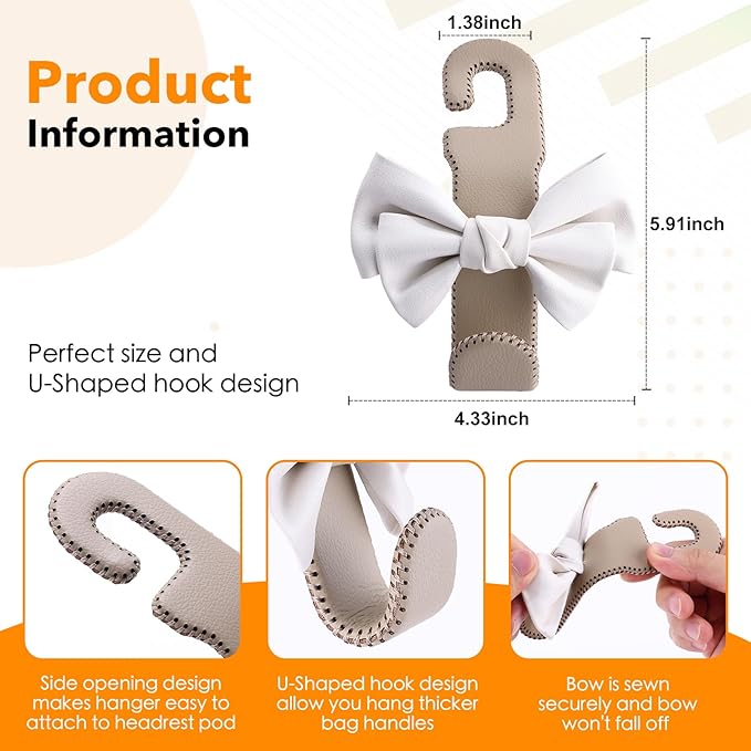 TISOHUGO Car Purse Hook, Cute Bow Hooks for Headrest - Leather U-Shaped Purse Holder for Car, Flexible Seat Back Organizer & Durable Vehicle Accessories for Bags, Coats & More (Beige-2 Pack)