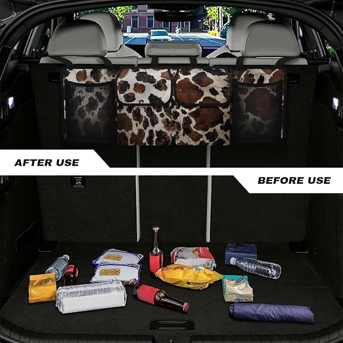 Brown Cow Car Organizer, Trunk Organizer for SUV, Car Trunk Organizer and Storage, Car Interior Accessories Backseat Hanging Organizer with 4 Pockets, Waterproof Storage Bag for Car
