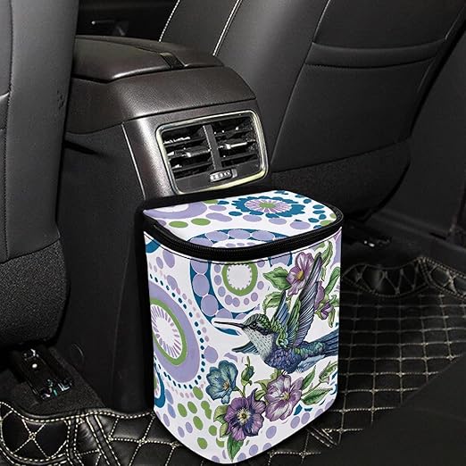 Hummingbird Floral Art Car Trash Can, Colorful Bird Flower Pattern Auto Garbage Bin for Back Seat