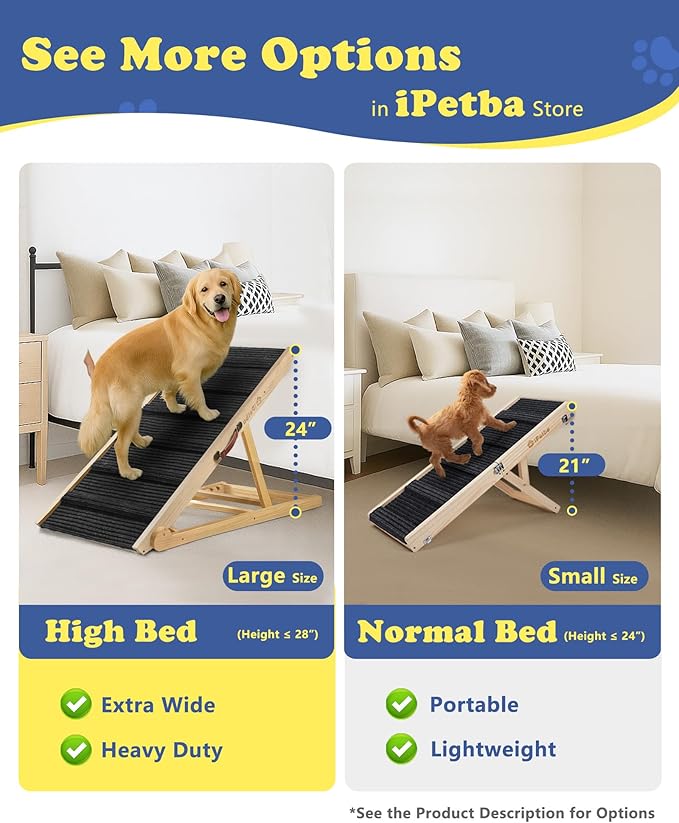 iPetba Dog Ramp for Bed & Couch for Large Dogs - Joint-Friendly, Anti-Slip, Adjustable, Extra Wide & Stable, Up to 200 lbs