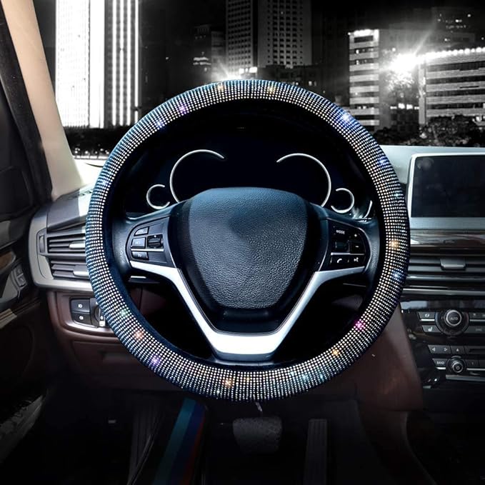 Valleycomfy Steering Wheel Cover for Women Men Bling Bling Crystal Diamond Sparkling Car SUV Wheel Protector Universal Fit 15 Inch (Black with Colorful Diamond,Standard Size(14" 1/2-15" 1/4))