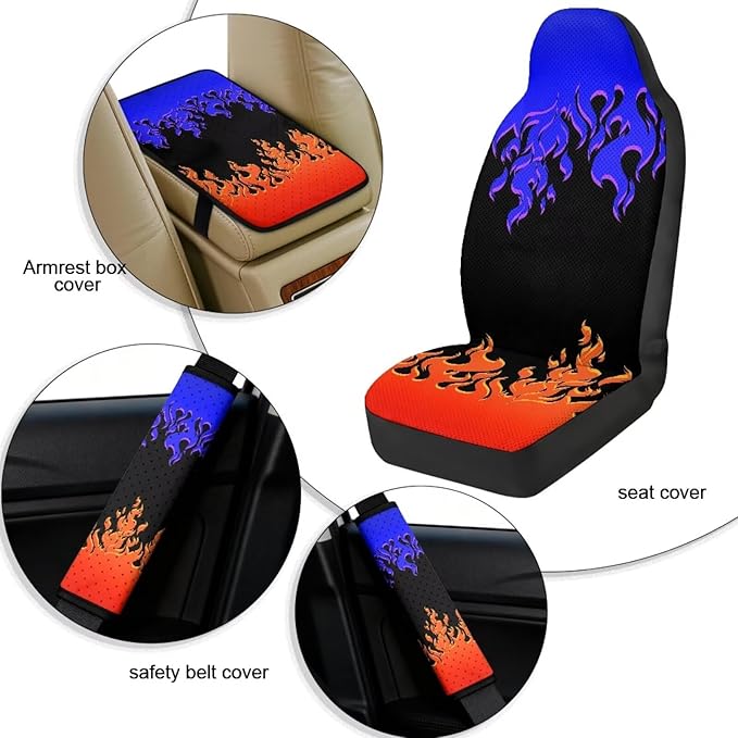 Oramclsy Flame Car Front Seat Covers Set with Armrest Pad All Season PU Breathable Seat Belt Pad Universal Fit Most Truck SUVs