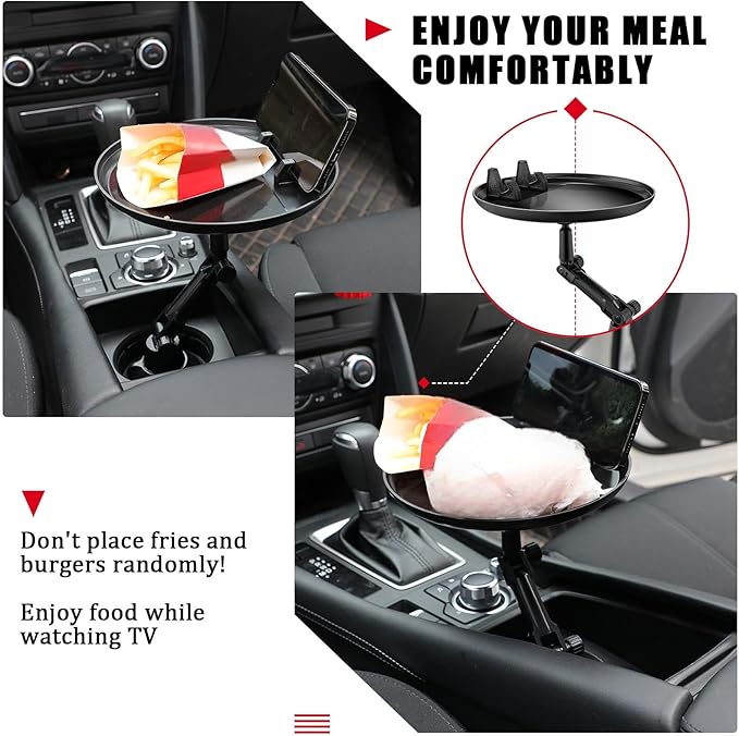 Car Cup Holder Tray for Adults Car Tray Table for Eating with Cell Phone Slot Lap for Universal Adjustable Cup Holder 360 Swivel Fits Vehicle, Boats, Golf Cart