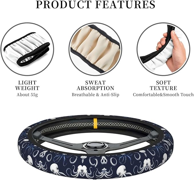 Squids and Octopi in Navy Car Steering Wheel Cover, 15 Inch Steering Wheel Cover Stylish Decor for Most Cars
