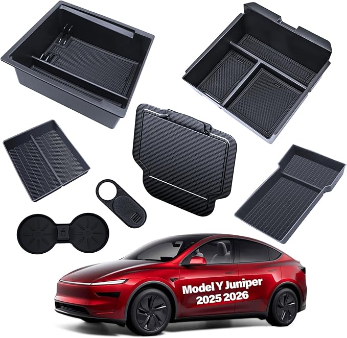 cybtkcar 7PCS for Tesla Center Console Organizer Model Y Refreshed Juniper Accessories 2025 2026 Armrest Tray Cup Holder Center Lower Organizer Armrest Lower Organizer Hidden Compartment Storage