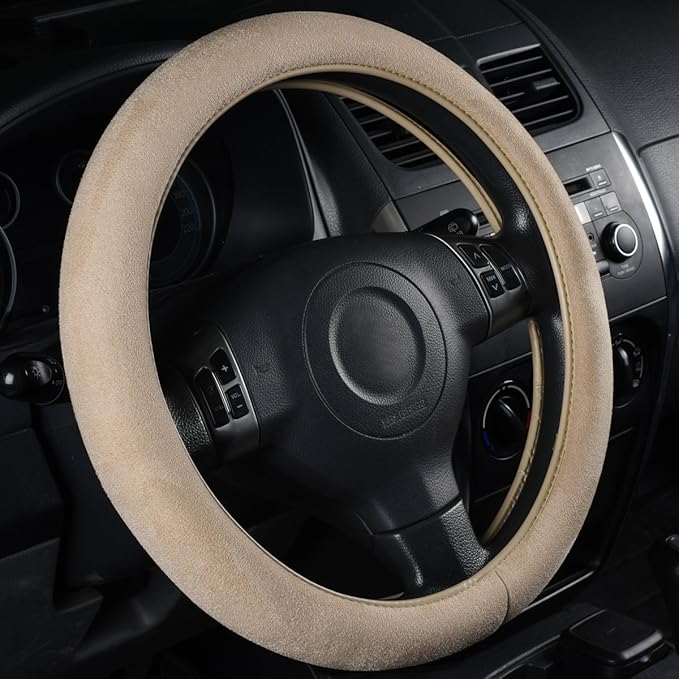 CAR PASS Car Steering Wheel Cover,14.5-15 Inch Beige Faux Suede Universal Memory Foam Auto Steering Wheel Covers Breathable Anti-Slip Odorless Steering Wheels Accessories for Men Women
