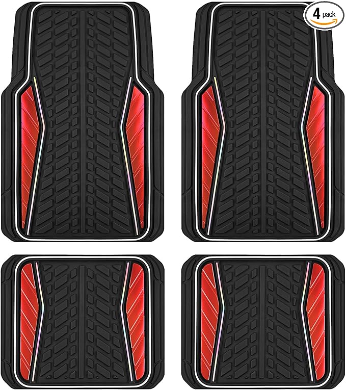 PIC AUTO Car Floor Mats, Red Aluminum-Molded with Full-Circle Iridescent Inlay Strip Car Mats, Universal-Fit Rubber Mats for Cars, Trucks & SUVs, All-Weather, Non-Slip, Easy-to-Clean Interior Mats