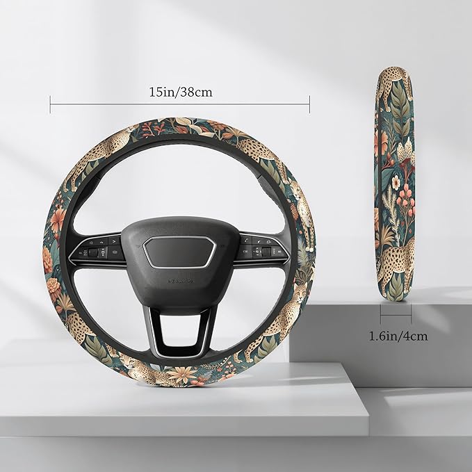 Cute Steering Wheel Cover for Women, Machine Washable Universal 14.5-15.5 inch Non-Slip Grip All Weather Use (Leopard Print)