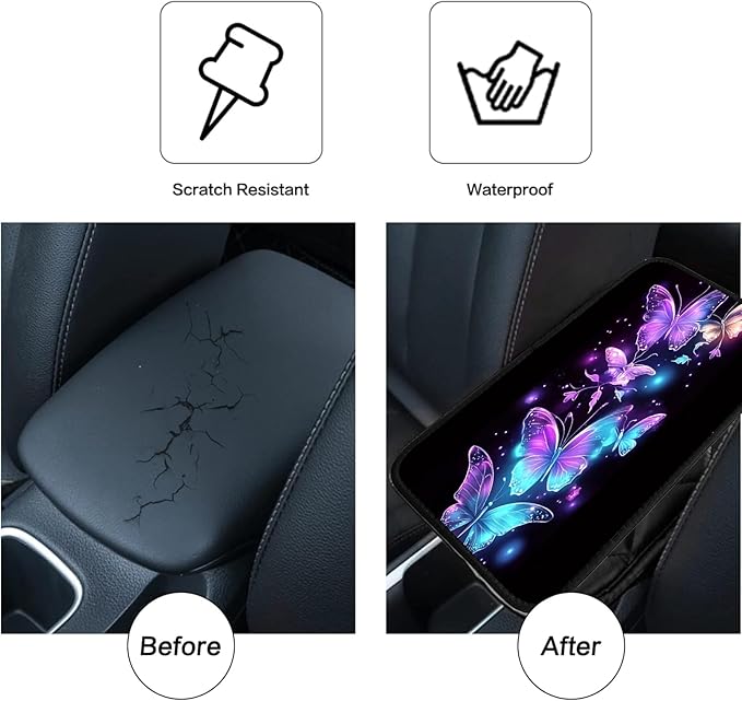 JANENFNA Car Armrest Cover Pads Universal Fashion Cute Auto Center Console Armrest Cover Pad with 2PCS Car Coasters Soft Waterproof Car Armrest Seat Protector for Women,Purple Butterfly