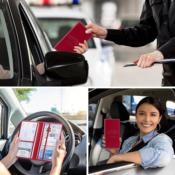 Peisicne Car Registration and Insurance Card Holder for Women Men, Red Glove Box Paperwork Organizer with Magnetic Buckle for Easy Access and Protect Documents and Various Cards in Vehicle