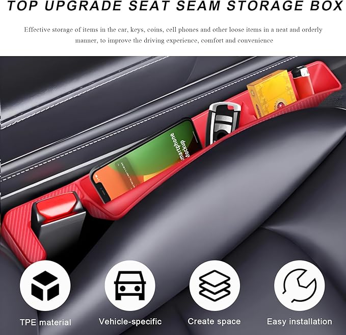 2 PCS Car Seat Gap Filler Organizer, Multifunctional Auto Side Seat Gap Filler Phone Holder, Universal Vehicle Storage Box Fill Gap Space Between Seats and Console (Red)