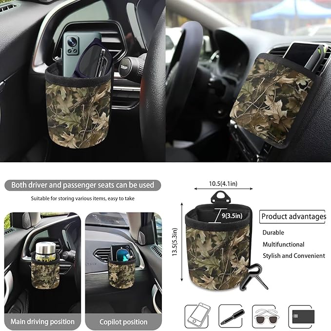 10 Piece Car Seat Cover Sets for Women and Men, Camouflage Hunting Printed Car Front and Back Seat Protector Steering Wheel Cover Trash Can Air Vent Storage Bag Wristlet Keychain