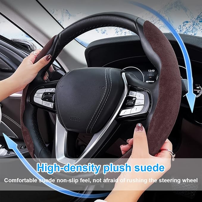 Car Steering Wheel Cover, Microfiber Suede Leather and Carbon Fiber Double Sided Design, Warm in Winter and Cool in Summer, Breathable Non Slip Segmented Protector for Most Cars (Turn Fur/Coffee)