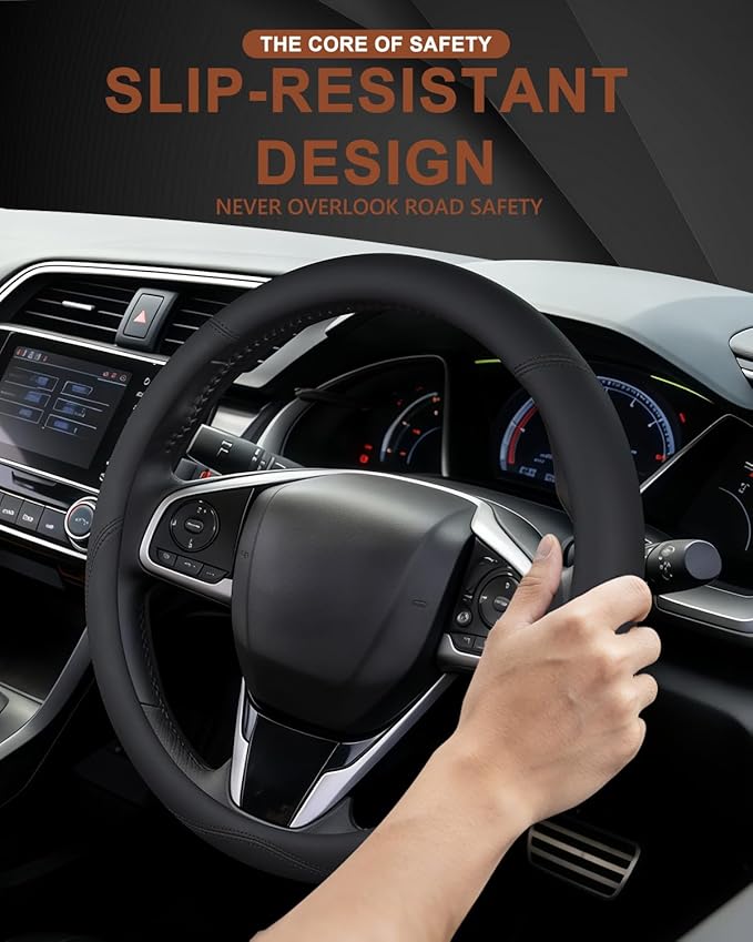 Leather Steering Wheel Cover for Honda Civic, 14.5-15 Inch Breathable Car Steering Wheel Protector, Premium Automotive Interior Accessories Compatible with Honda All Model (Black)