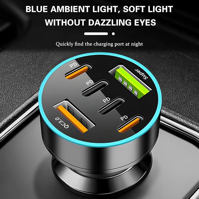 6 Ports 66W Car Charger, 12-24V Super Fast Charging with USB PD&QC 3.0 with LED Voltmeter for Cigarette Lighter Plug, Compatible with All Smartphone, Universal Auto Accessories