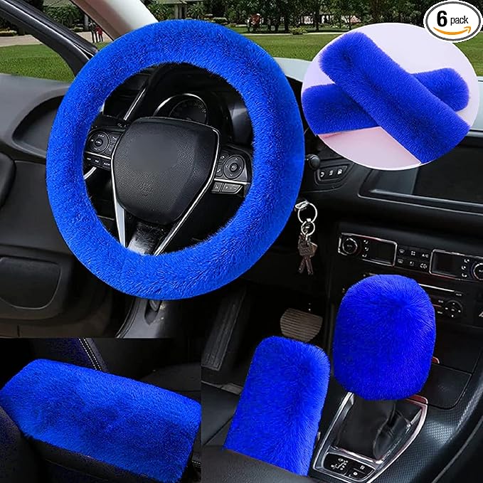 1 Set 6 Pcs Fluffy Car Steering Wheel Cover & Seat Belt Shoulder Pads & Handbrake Cover & Gear Shift Cover Set & Seat Belt Shoulder Pads Faux Wool Universal Fit Car Interior Accessories (Blue)