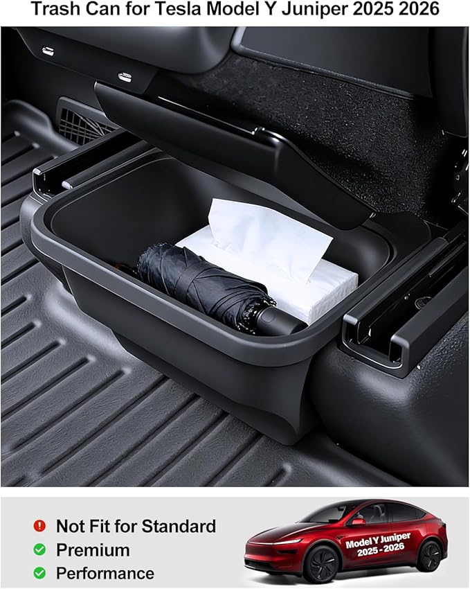 for Tesla Rear Trash Can Model Y Juniper Accessories 2025 2026 Center Console Organizer with Anti-Slip Lid Cover Model Y Floor Storage Box Garbage Bin Silicone Backseat Storage Box Black