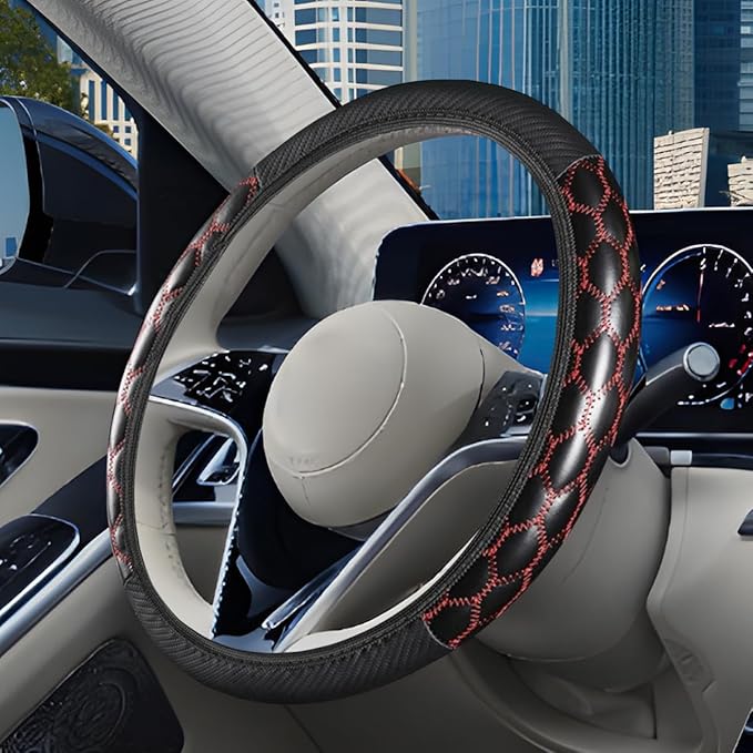 Car Steering Wheel Cover, 15 inch Elastic PU Leather Non-Slip Vehicle Steering Wheel Protector, Breathable Automotive Interior Accessories, Universal for SUV, Truck, RV (Red)