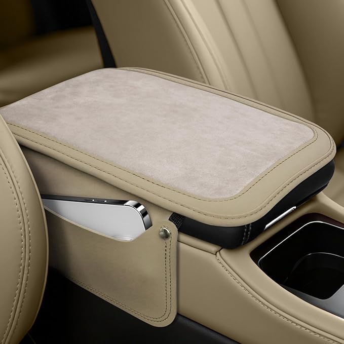 SINGARO Car Leather Center Console Cover with 2 Storage Bags, Universal Furry Fluffy Car Armrest Seat Box Pad, Comfortable Car Interior Accessories, Fits for Most Vehicles (White)