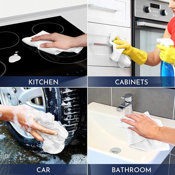 GLIMGLINT White Microfiber Cleaning Cloth, 150 Pack Cleaning Rags, Cleaning Towels with 3 Color Assorted, 14"X12"
