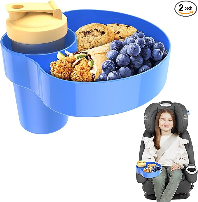 2PCS Resptasski Car Seat Cup Holder Snack Tray for Kids – Travel Tray for Car, Booster, Stroller, Outdoor Essentials Kit. Universal Adjustable Tray with Detachable Base for Snacks, Toys, Food (Blue)
