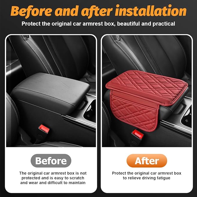 Car Center Console Cover, Leather Vehicle Armrest Cushion Pad with 2 Storage Bags, Comfortbale Automotive Interior Middle Seat Box Protector Accessories, Universal Fit (Red)